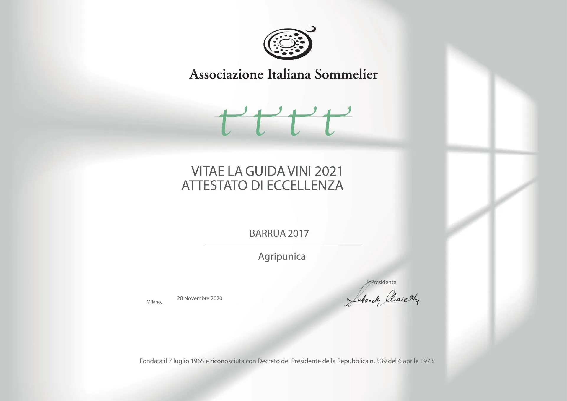 Associazione Italiana Sommelier - Attestato di eccellenza 2021