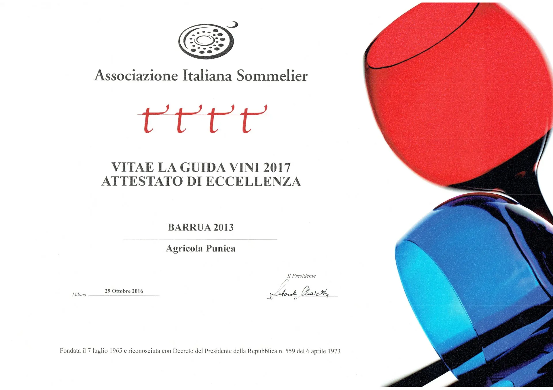 Associazione Italiana Sommelier - Attestato di eccellenza 2017
