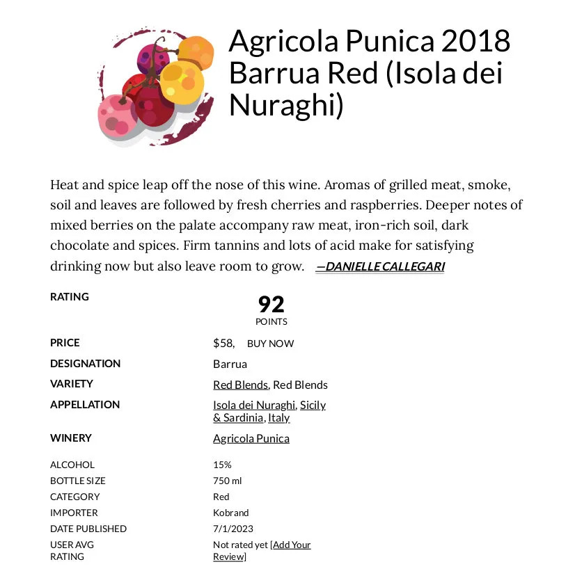 Wine Enthusiast - Agricola Punica 2018 Barrua Red (Isola dei Nuraghi)
