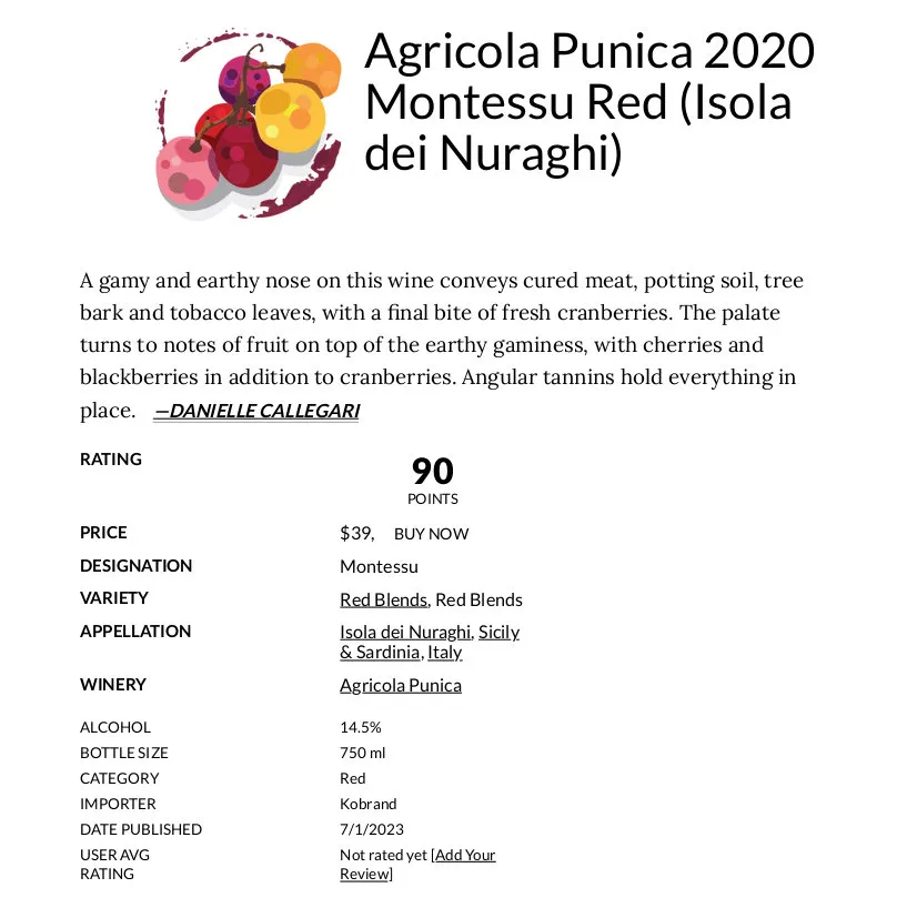 Wine Enthusiast - Agricola Punica 2020 Montessu Red (Isola dei Nuraghi)